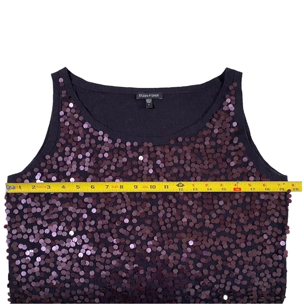 EILEEN FISHER 100% BLACK MERINO WOOL & PURPLE SEQUIN TOP SIZE LARGE - Picture 14 of 16